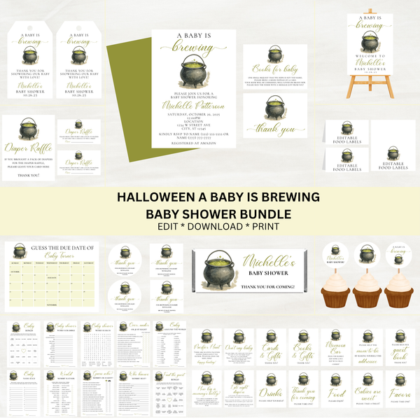 Editable Halloween A Baby Is Brewing Baby Shower Bundle Set | Halloween Theme | Instant Download | Edit With Canva