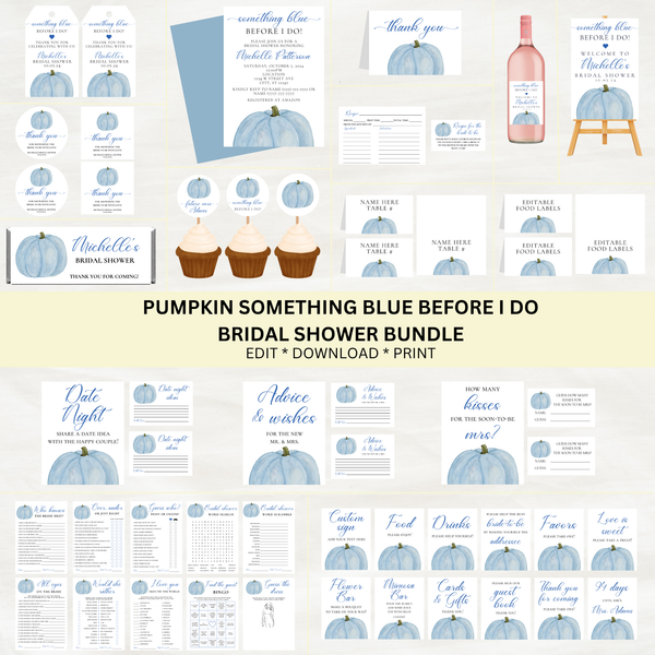 Editable Fall Something Blue Before I Do Bridal Shower Bundle Set | Blue Pumpkin | Fall Theme | Instant Download | Canva Template