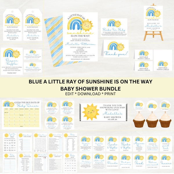 Editable Blue A Little Ray Of Sunshine Is On The Way Baby Shower Bundle Set | Instant Download | Edit With Canva