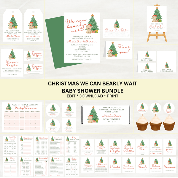 Editable Christmas We Can Bearly Wait Baby Shower Bundle Set | Christmas Theme | Instant Download | Edit With Canva