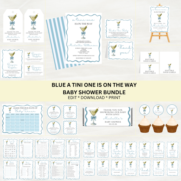 Editable Blue A Tini One Is On the Way Baby Shower Bundle Set | Instant Download | Edit With Canva