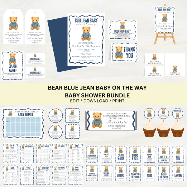 Editable Bear Blue Jean Baby Is On the Way Baby Shower Bundle Set | Instant Download | Edit With Canva