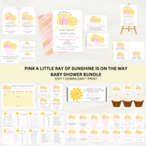 Editable Pink A Little Ray Of Sunshine Is On The Way Baby Shower Bundle Set | Instant Download | Edit With Canva