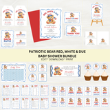 Editable Patriotic Red, White & Due Bear Baby Shower Bundle Set | Instant Download | Edit With Canva