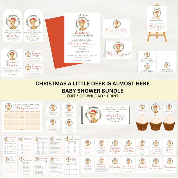 Editable Christmas A Little Deer Is Almost Here Baby Shower Bundle Set | Christmas Theme | Instant Download | Edit With Canva
