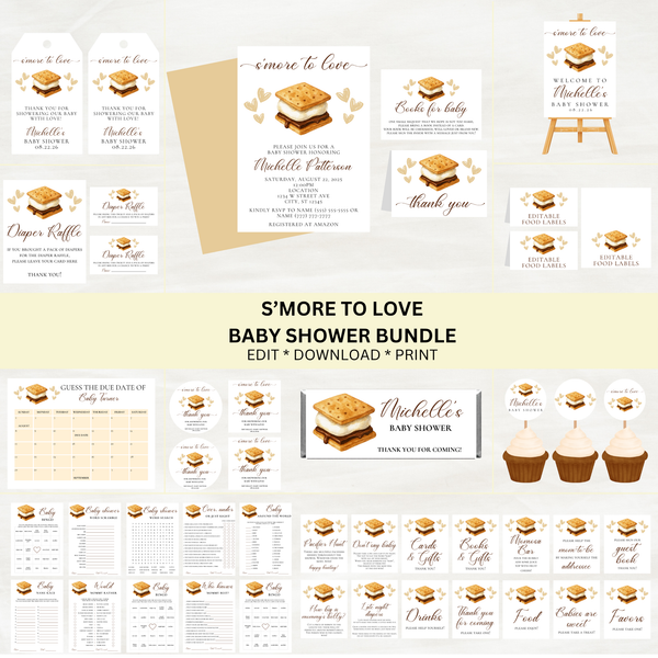 Editable S'more To Love Baby Shower Bundle Set | S'mores Theme | Instant Download | Edit With Canva
