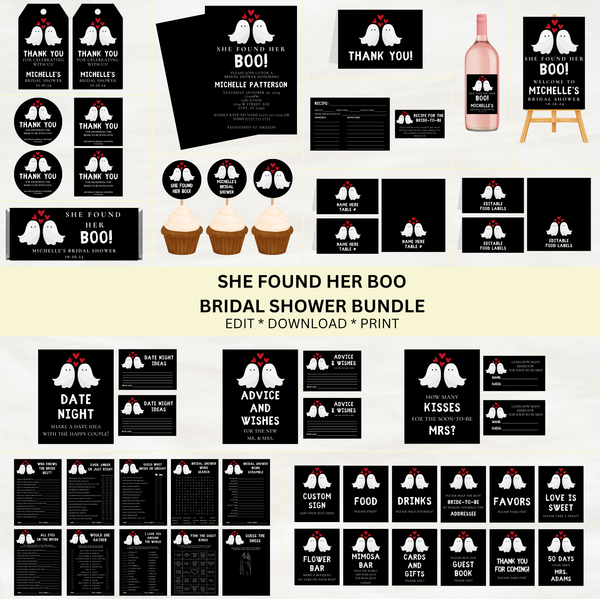 Editable She Found Her Boo Bridal Shower Bundle Set | Halloween Ghost Theme | Instant Download | Canva Template