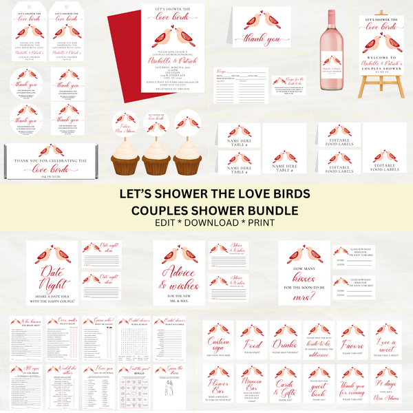 Editable Let's Shower The Love Birds Couples Shower Bundle Set | Bird Theme | Instant Download | Canva Template