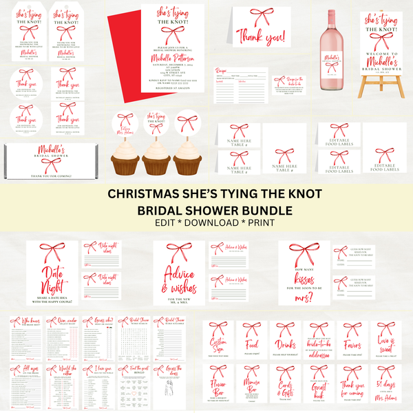 Editable Christmas She's Tying The Knot Bridal Shower Bundle Set | Christmas Theme | Instant Download | Canva Template