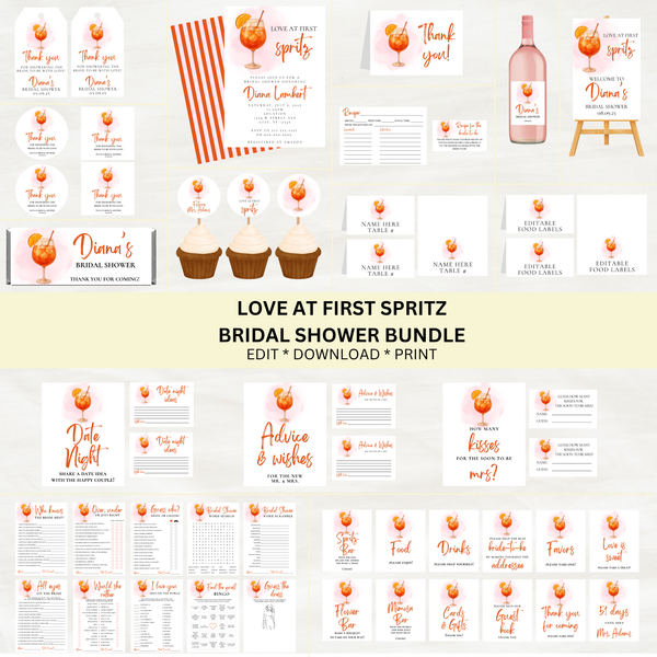 Editable Love At First Spritz Bridal Shower Bundle Set | Aperol Spritz Theme | Instant Download | Canva Template