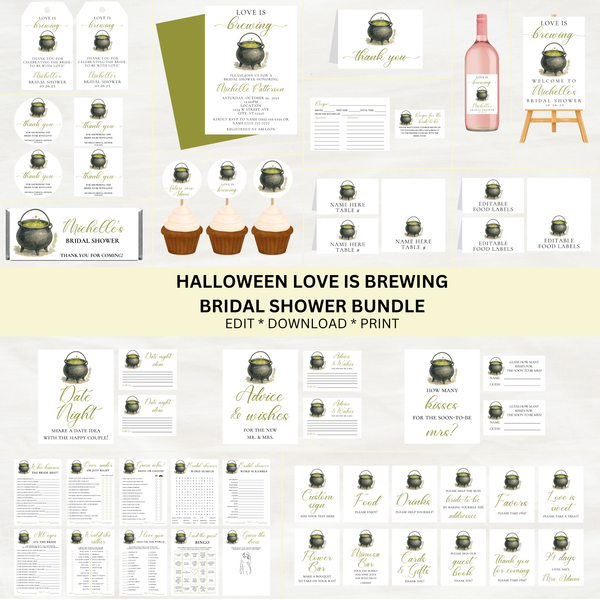 Editable Love Is Brewing Bridal Shower Bundle Set | Halloween Theme | Instant Download | Canva Template