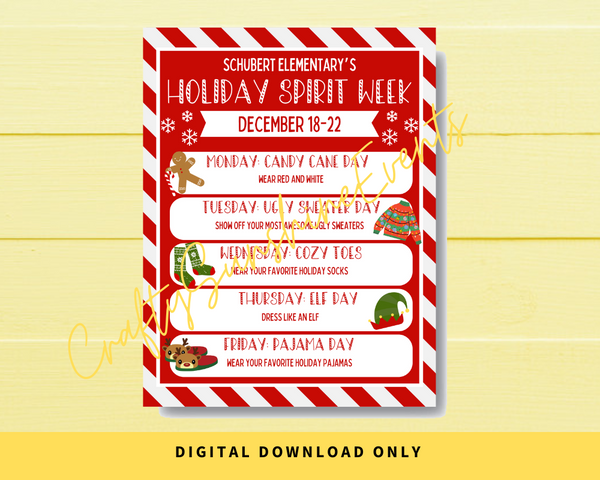 DIGITAL DOWNLOAD ONLY Editable Red White Holiday Spirit Week Template Schedule 8x10