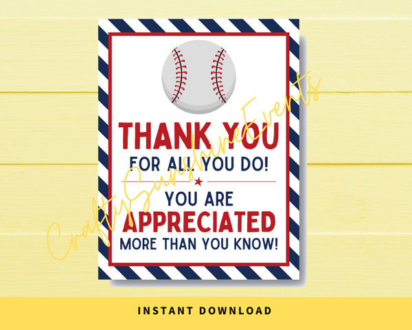 INSTANT DOWNLOAD Baseball Thank You For All You Do Appreciation Sign 8x10