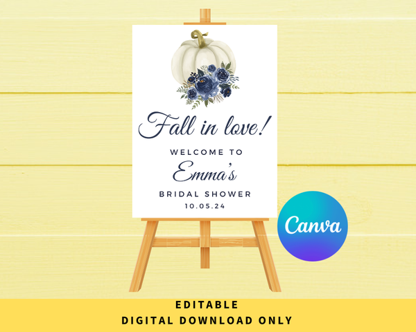 DIGITAL DOWNLOAD ONLY Floral Blue Pumpkin Fall Bridal Shower Welcome Sign