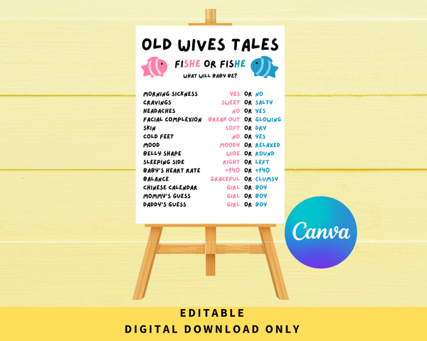 DIGITAL DOWNLOAD ONLY Fish Themed Gender Reveal Old Wives Tales Sign