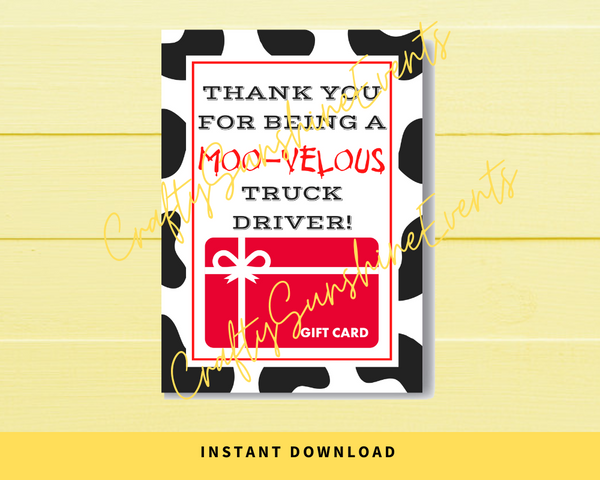 INSTANT DOWNLOAD Thank You For Being A Moo-Velous Truck Driver Gift Card Holder 5x7