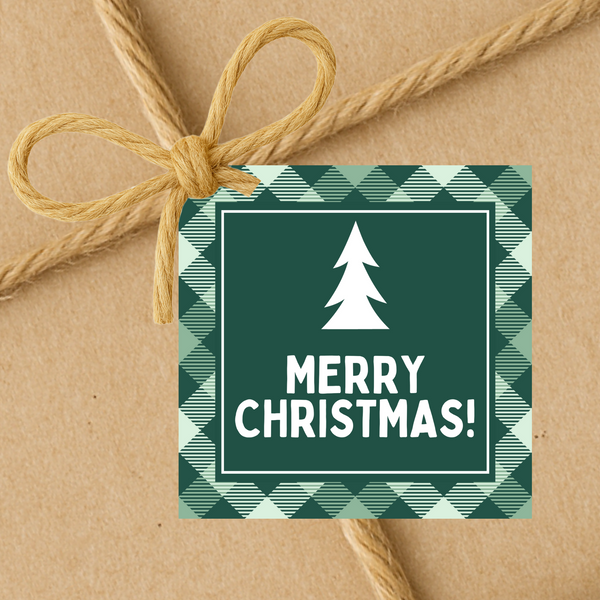 INSTANT DOWNLOAD Plaid Green Christmas Tree Merry Christmas Square Gift Tags 2.5x2.5