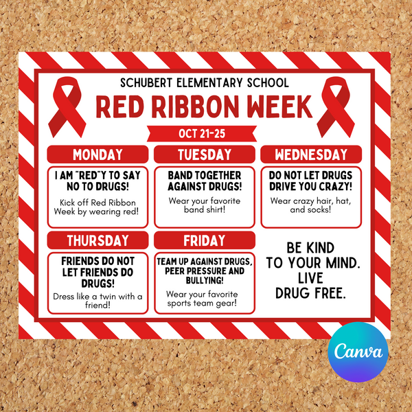 DIGITAL DOWNLOAD ONLY Editable Red Ribbon Week Itinerary Poster 11x8.5