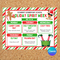 DIGITAL DOWNLOAD ONLY Editable Red Green Holiday Spirit Week Itinerary Poster 11x8.5