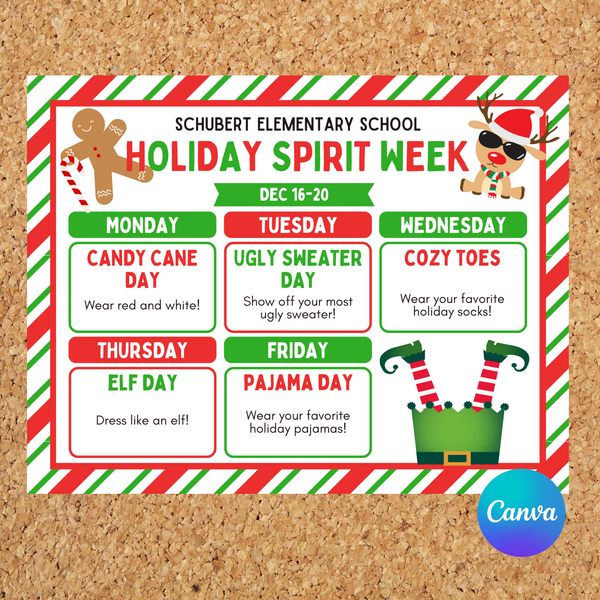 DIGITAL DOWNLOAD ONLY Editable Red Green Holiday Spirit Week Itinerary Poster 11x8.5