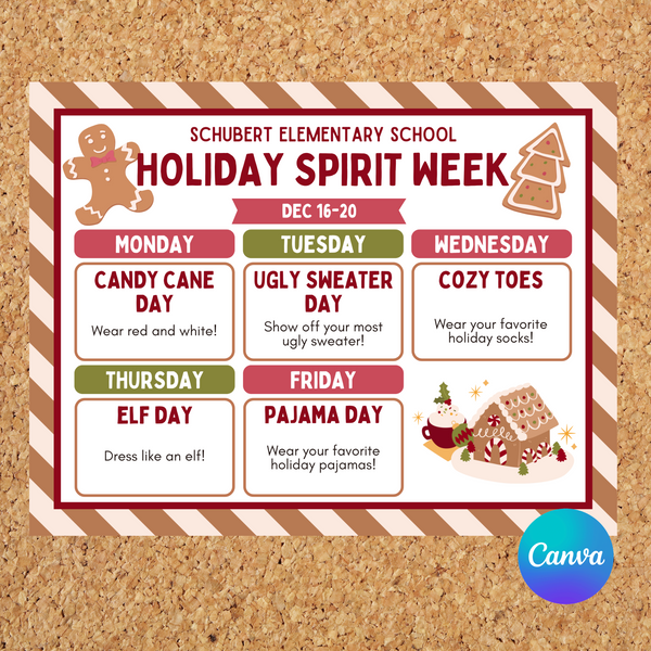 DIGITAL DOWNLOAD ONLY Editable Gingerbread Theme Holiday Spirit Week Itinerary Poster 11x8.5