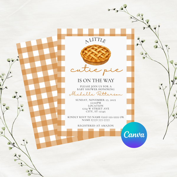 Editable A Little Cutie Pie Is On The Way Baby Shower Invitation Template | Fall Theme | Instant Download | Canva Template | 5x7