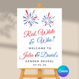 Editable Red, White & Who Gender Reveal Welcome Sign – 4th of July Patriotic Theme, Instant Download, Canva Template, 18x24, 24x36