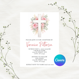 Editable Pink Floral Cross Baptism Invitation Template | Instant Download | Canva Template | 5x7