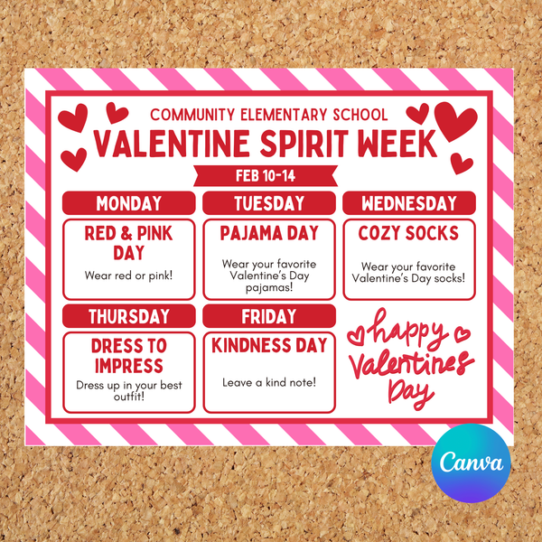 DIGITAL DOWNLOAD ONLY Editable Valentine's Day Spirit Week Itinerary Poster 11x8.5