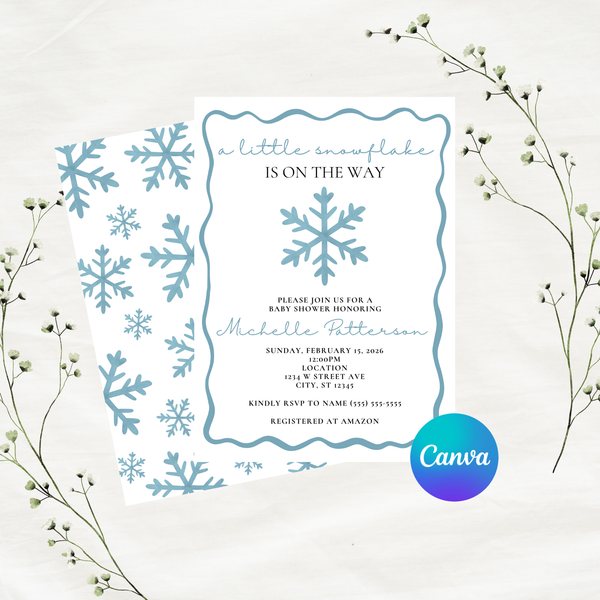 Editable Blue A Little Snowflake Is On The Way Baby Shower Invitation | Instant Download | Canva Template | 5x7