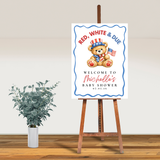 Editable Patriotic Red, White & Due Bear Baby Shower Welcome Sign | Instant Download | Canva Template | 18x24, 24x36