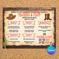 DIGITAL DOWNLOAD ONLY Editable Western Theme Teachers & Staff Appreciation Week Itinerary Poster 11x8.5