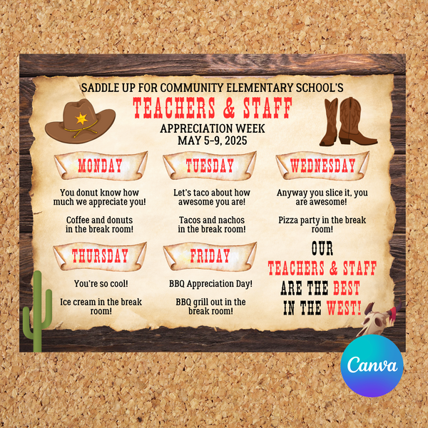 DIGITAL DOWNLOAD ONLY Editable Western Theme Teachers & Staff Appreciation Week Itinerary Poster 11x8.5