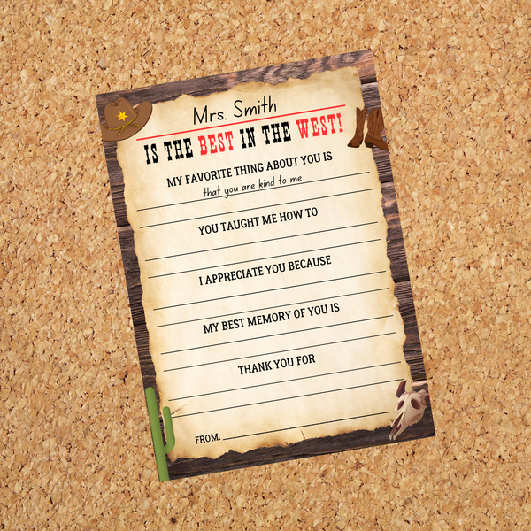 INSTANT DOWNLOAD Western Themed Teacher Questionnaire 8.5x11 & 5x7