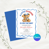 Editable Baseball Bear A Little Slugger Is On The Way Baby Shower Invitation Template | Instant Download | Canva Template | 5x7