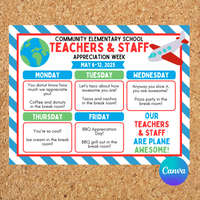 DIGITAL DOWNLOAD ONLY Editable Plane Theme Teachers & Staff Appreciation Week Itinerary Poster 11x8.5