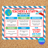 DIGITAL DOWNLOAD ONLY Editable Plane Theme Teachers & Staff Appreciation Week Itinerary Poster 11x8.5