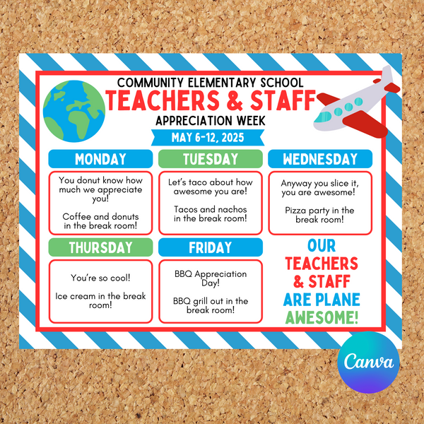 DIGITAL DOWNLOAD ONLY Editable Plane Theme Teachers & Staff Appreciation Week Itinerary Poster 11x8.5