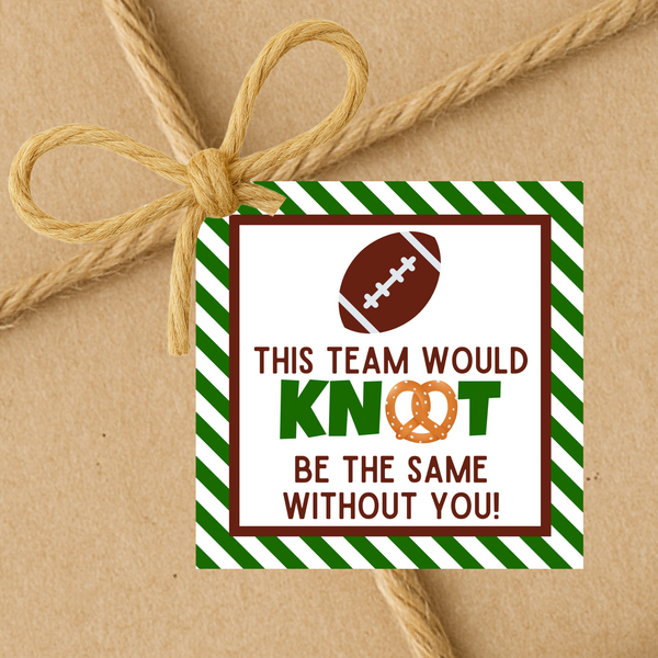 INSTANT DOWNLOAD Football This Team Would Knot Be The Same Without You Pretzel Square Gift Tags 2.5x2.5
