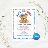 Editable Baseball Bear A Little Slugger Is On The Way Baby Shower Invitation Template | Instant Download | Canva Template | 5x7