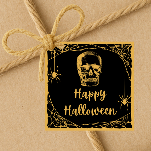 INSTANT DOWNLOAD Black and Gold Skull Happy Halloween 3x3 Gift Tags
