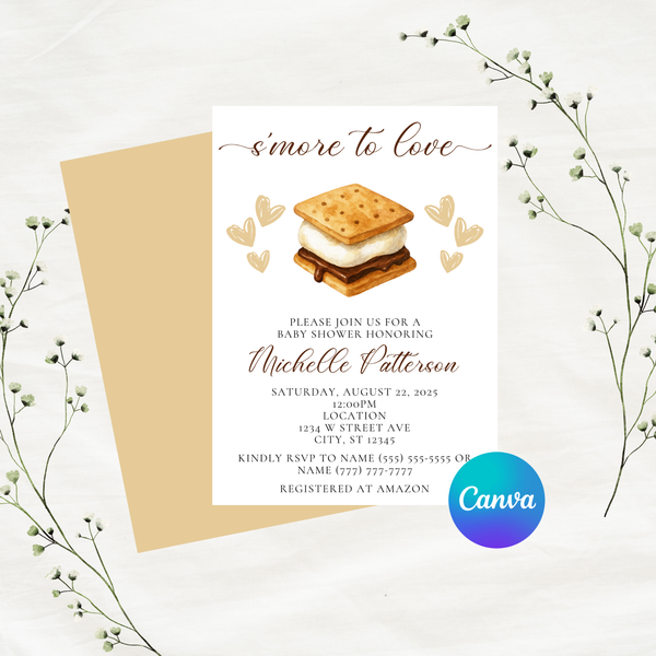 Editable S'more To Love Baby Shower Invitation Template | S'mores Theme | Instant Download | Canva Template | 5x7