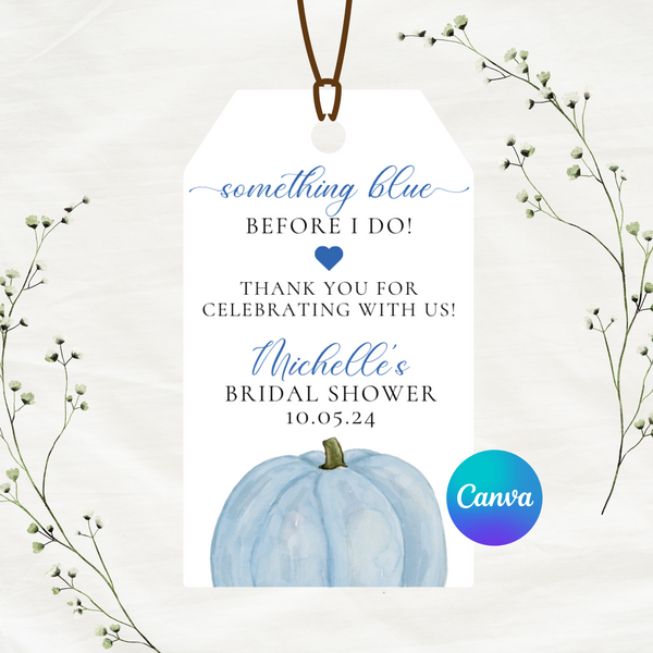 Editable Fall Something Blue Before I Do Bridal Shower Gift Tags | Blue Pumpkin | Fall Theme | Instant Download | Canva Template | 2x3.5
