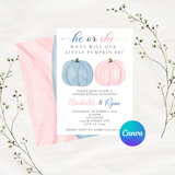 Editable Fall Pink And Blue Pumpkin Gender Reveal Party Invitation Template 5x7