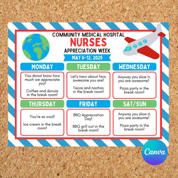 DIGITAL DOWNLOAD ONLY Editable Plane Theme Nurses Appreciation Week Itinerary Poster 11x8.5