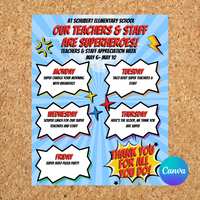 DIGITAL DOWNLOAD ONLY Editable Superhero Themed Teachers & Staff Appreciation Week Itinerary Poster