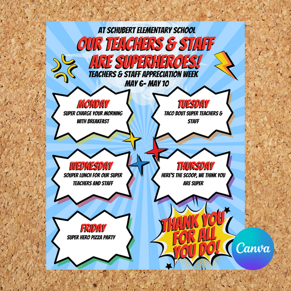 DIGITAL DOWNLOAD ONLY Editable Superhero Themed Teachers & Staff Appreciation Week Itinerary Poster