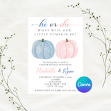 Editable Fall Pink And Blue Pumpkin Gender Reveal Party Invitation Template 5x7