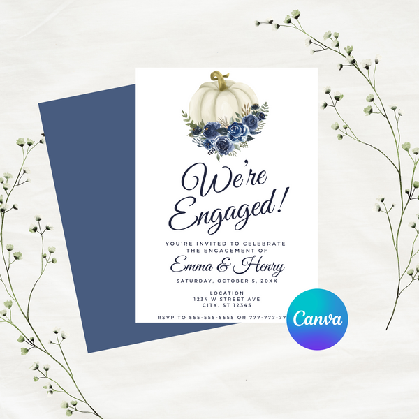 Editable Fall Blue Floral Pumpkin We're Engaged Engagement Invitation | Fall Theme | Instant Download | Canva Template | 5x7