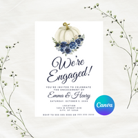 Editable Fall Blue Floral Pumpkin We're Engaged Engagement Invitation | Fall Theme | Instant Download | Canva Template | 5x7